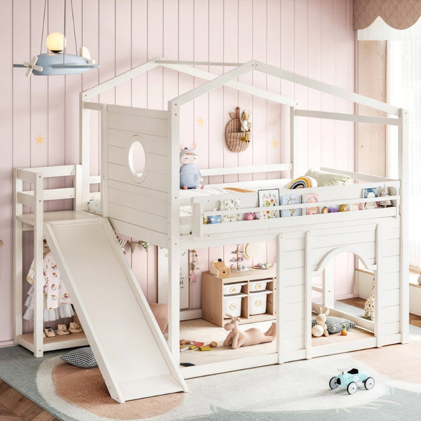 English Elm Full Size House Loft Bed Pine Frame with Slide Wardrobe Bookshelves and Round Window Beige W5316S00075