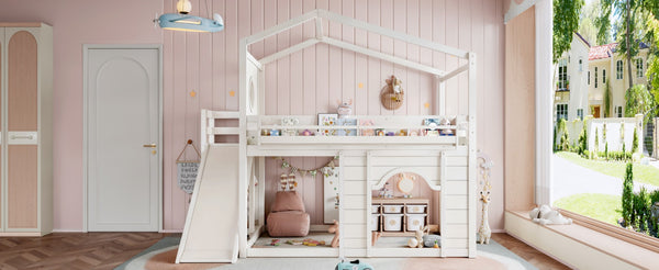 English Elm Full Size House Loft Bed Pine Frame with Slide Wardrobe Bookshelves and Round Window Beige W5316S00075