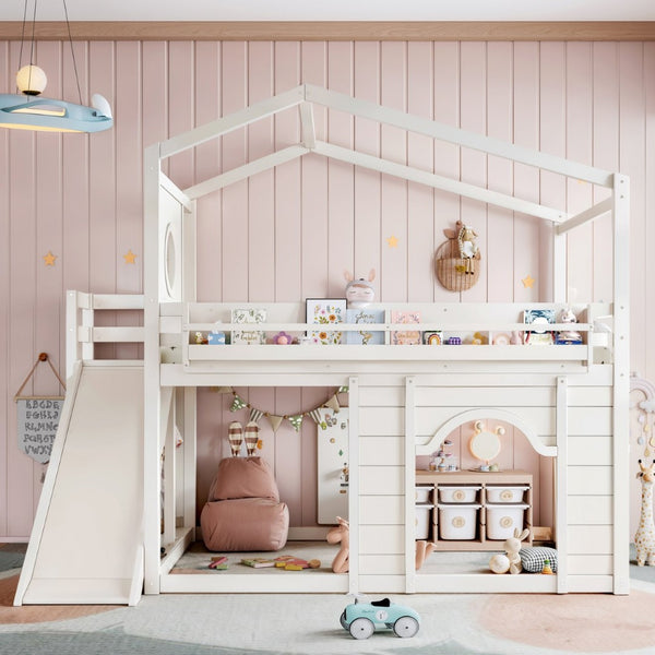 English Elm Full Size House Loft Bed Pine Frame with Slide Wardrobe Bookshelves and Round Window Beige W5316S00075