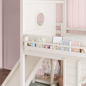 English Elm Full Size House Loft Bed Pine Frame with Slide Wardrobe Bookshelves and Round Window Beige W5316S00075