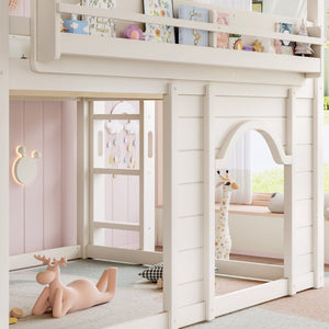 English Elm Full Size House Loft Bed Pine Frame with Slide Wardrobe Bookshelves and Round Window Beige W5316S00075