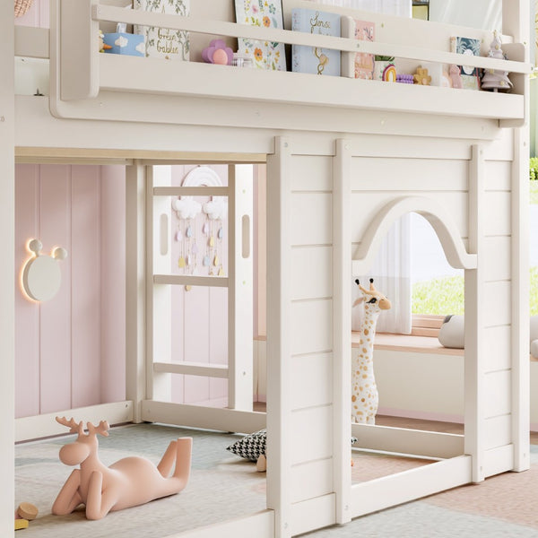 English Elm Full Size House Loft Bed Pine Frame with Slide Wardrobe Bookshelves and Round Window Beige W5316S00075