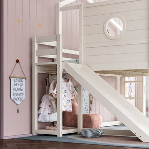English Elm Full Size House Loft Bed Pine Frame with Slide Wardrobe Bookshelves and Round Window Beige W5316S00075