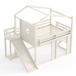 English Elm Full Size House Loft Bed Pine Frame with Slide Wardrobe Bookshelves and Round Window Beige W5316S00075