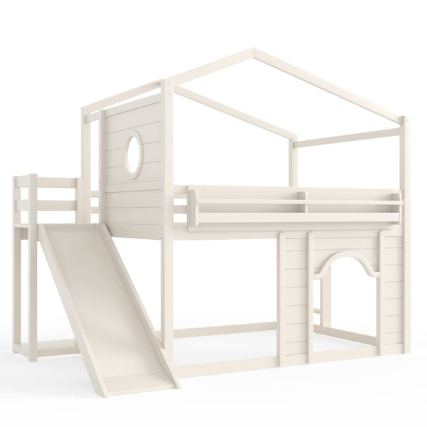 English Elm Full Size House Loft Bed Pine Frame with Slide Wardrobe Bookshelves and Round Window Beige W5316S00075
