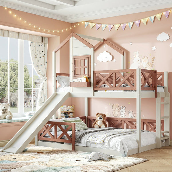 English Elm Twin Over Full Playhouse Bunk Bed Pine Wood Frame with Slide and Cottage Guardrail Beige+Natural W5316S00076
