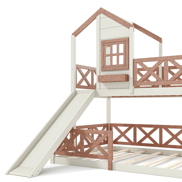English Elm Twin Over Full Playhouse Bunk Bed Pine Wood Frame with Slide and Cottage Guardrail Beige+Natural W5316S00076