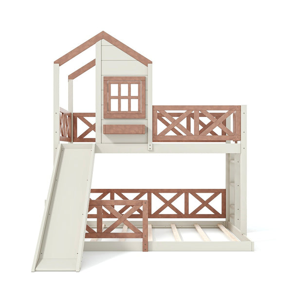 English Elm Twin Over Full Playhouse Bunk Bed Pine Wood Frame with Slide and Cottage Guardrail Beige+Natural W5316S00076