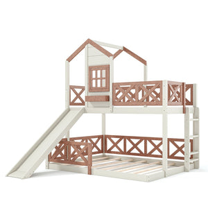 English Elm Twin Over Full Playhouse Bunk Bed Pine Wood Frame with Slide and Cottage Guardrail Beige+Natural W5316S00076