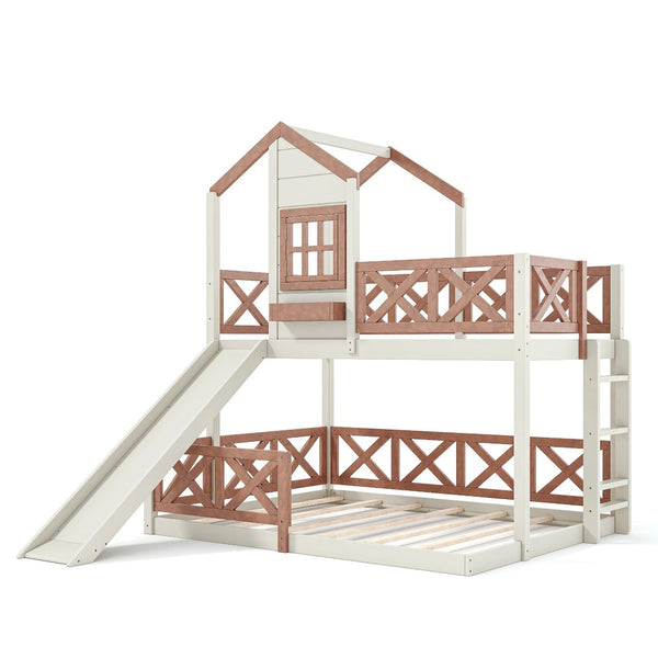 English Elm Twin Over Full Playhouse Bunk Bed Pine Wood Frame with Slide and Cottage Guardrail Beige+Natural W5316S00076