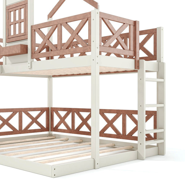 English Elm Twin Over Full Playhouse Bunk Bed Pine Wood Frame with Slide and Cottage Guardrail Beige+Natural W5316S00076