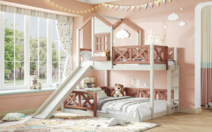 English Elm Twin Over Full Playhouse Bunk Bed Pine Wood Frame with Slide and Cottage Guardrail Beige+Natural W5316S00076