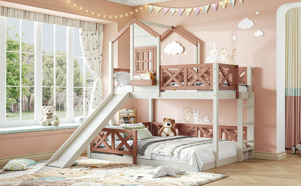 English Elm Twin Over Full Playhouse Bunk Bed Pine Wood Frame with Slide and Cottage Guardrail Beige+Natural W5316S00076
