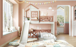 English Elm Twin Over Full Playhouse Bunk Bed Pine Wood Frame with Slide and Cottage Guardrail Beige+Natural W5316S00076