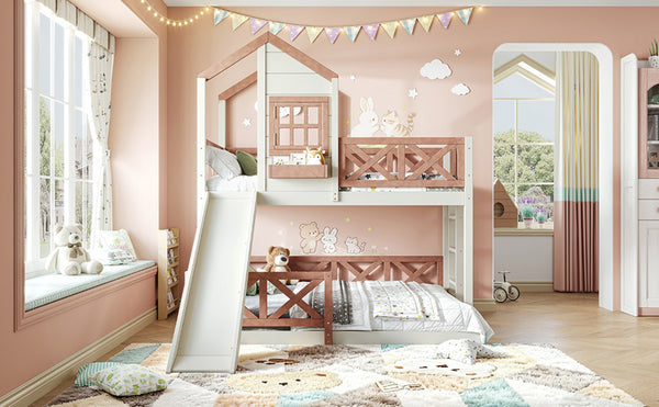 English Elm Twin Over Full Playhouse Bunk Bed Pine Wood Frame with Slide and Cottage Guardrail Beige+Natural W5316S00076