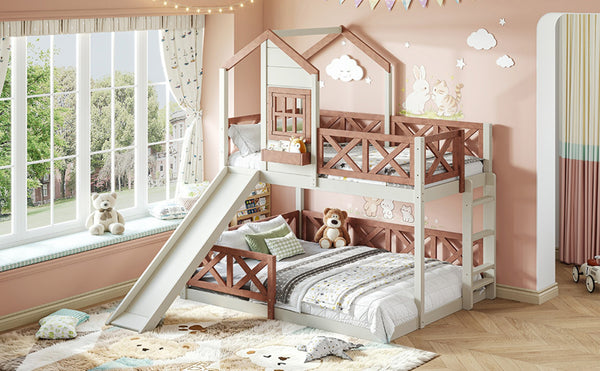 English Elm Twin Over Full Playhouse Bunk Bed Pine Wood Frame with Slide and Cottage Guardrail Beige+Natural W5316S00076