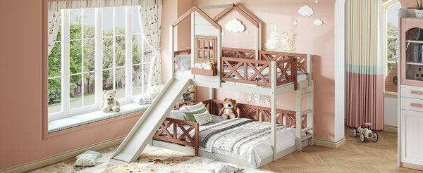 English Elm Twin Over Full Playhouse Bunk Bed Pine Wood Frame with Slide and Cottage Guardrail Beige+Natural W5316S00076
