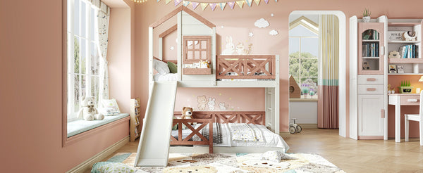 English Elm Twin Over Full Playhouse Bunk Bed Pine Wood Frame with Slide and Cottage Guardrail Beige+Natural W5316S00076