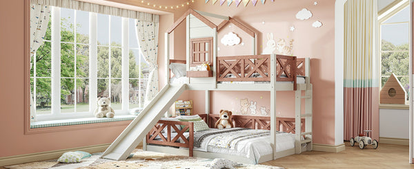 English Elm Twin Over Full Playhouse Bunk Bed Pine Wood Frame with Slide and Cottage Guardrail Beige+Natural W5316S00076