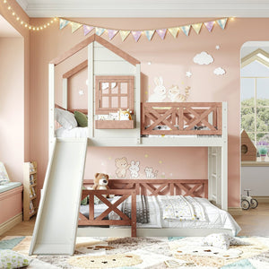 English Elm Twin Over Full Playhouse Bunk Bed Pine Wood Frame with Slide and Cottage Guardrail Beige+Natural W5316S00076