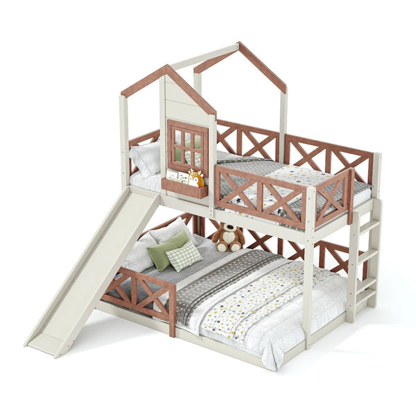 English Elm Twin Over Full Playhouse Bunk Bed Pine Wood Frame with Slide and Cottage Guardrail Beige+Natural W5316S00076