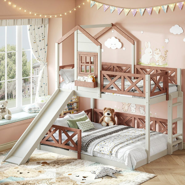English Elm Twin Over Full Playhouse Bunk Bed Pine Wood Frame with Slide and Cottage Guardrail Beige+Natural W5316S00076