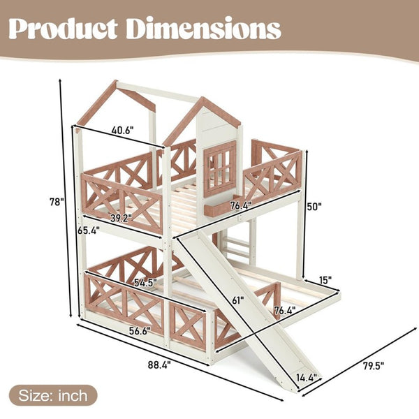 English Elm Twin Over Full Playhouse Bunk Bed Pine Wood Frame with Slide and Cottage Guardrail Beige+Natural W5316S00076