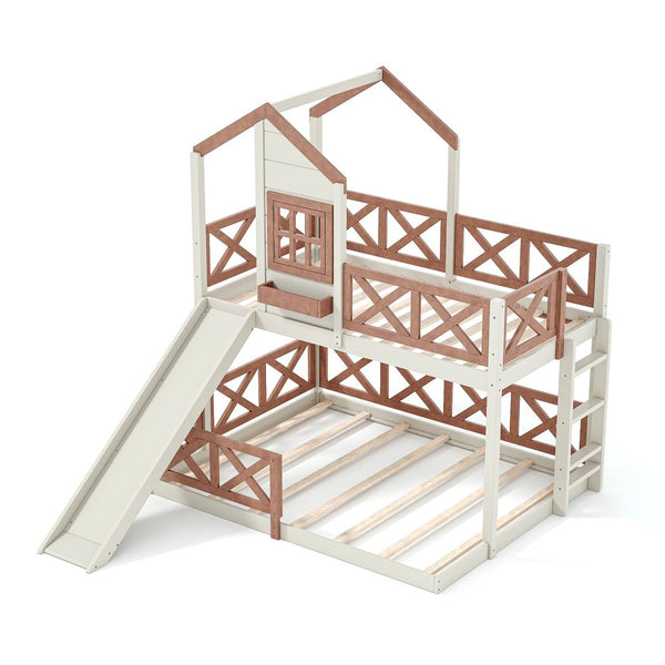 English Elm Twin Over Full Playhouse Bunk Bed Pine Wood Frame with Slide and Cottage Guardrail Beige+Natural W5316S00076