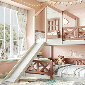 English Elm Twin Over Full Playhouse Bunk Bed Pine Wood Frame with Slide and Cottage Guardrail Beige+Natural W5316S00076