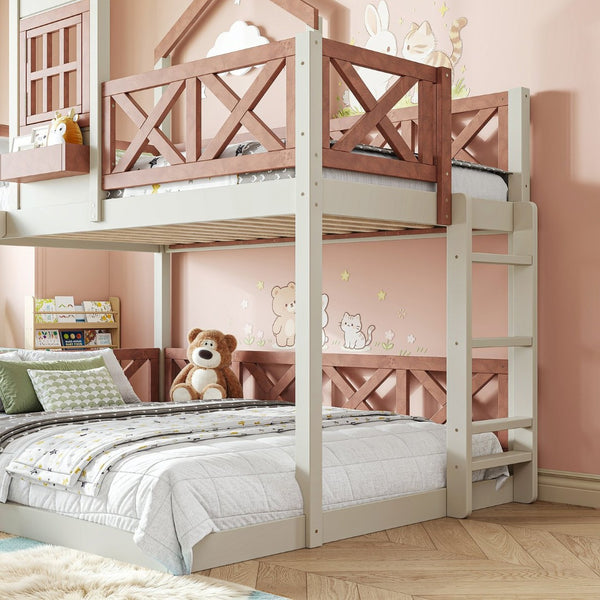 English Elm Twin Over Full Playhouse Bunk Bed Pine Wood Frame with Slide and Cottage Guardrail Beige+Natural W5316S00076