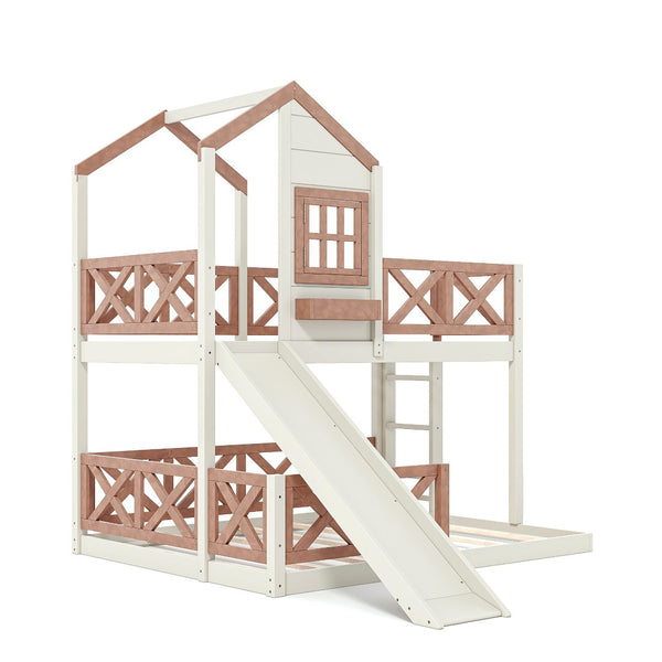 English Elm Twin Over Full Playhouse Bunk Bed Pine Wood Frame with Slide and Cottage Guardrail Beige+Natural W5316S00076