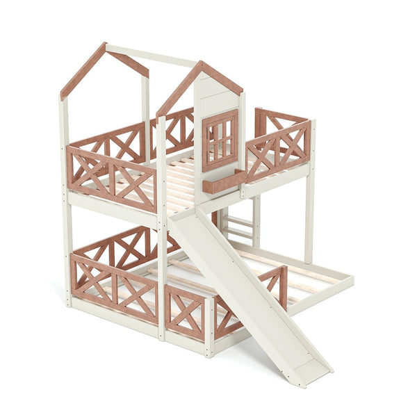 English Elm Twin Over Full Playhouse Bunk Bed Pine Wood Frame with Slide and Cottage Guardrail Beige+Natural W5316S00076