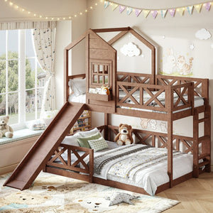 English Elm Twin Over Full Playhouse Bunk Bed Pine Wood Frame with Slide and Cottage Guardrail Natural W5316S00077
