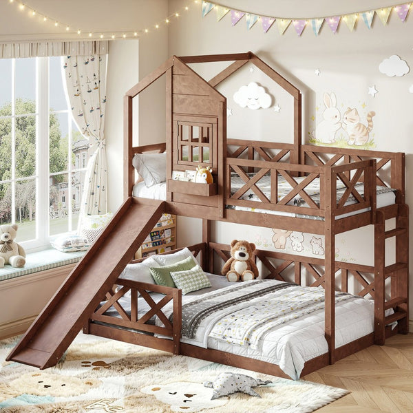 English Elm Twin Over Full Playhouse Bunk Bed Pine Wood Frame with Slide and Cottage Guardrail Natural W5316S00077