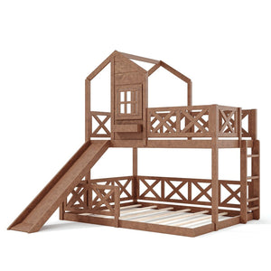 English Elm Twin Over Full Playhouse Bunk Bed Pine Wood Frame with Slide and Cottage Guardrail Natural W5316S00077