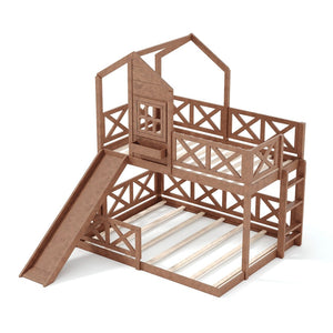 English Elm Twin Over Full Playhouse Bunk Bed Pine Wood Frame with Slide and Cottage Guardrail Natural W5316S00077