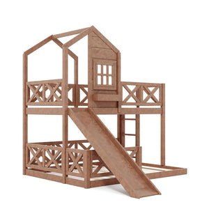English Elm Twin Over Full Playhouse Bunk Bed Pine Wood Frame with Slide and Cottage Guardrail Natural W5316S00077