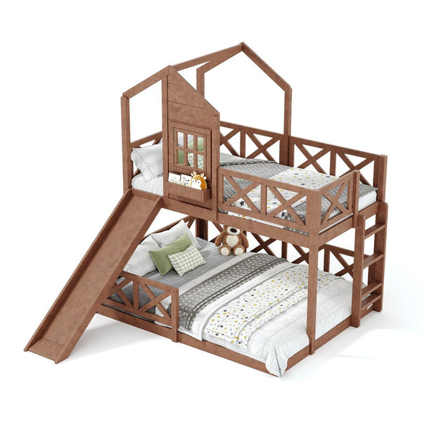 English Elm Twin Over Full Playhouse Bunk Bed Pine Wood Frame with Slide and Cottage Guardrail Natural W5316S00077