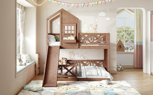 English Elm Twin Over Full Playhouse Bunk Bed Pine Wood Frame with Slide and Cottage Guardrail Natural W5316S00077