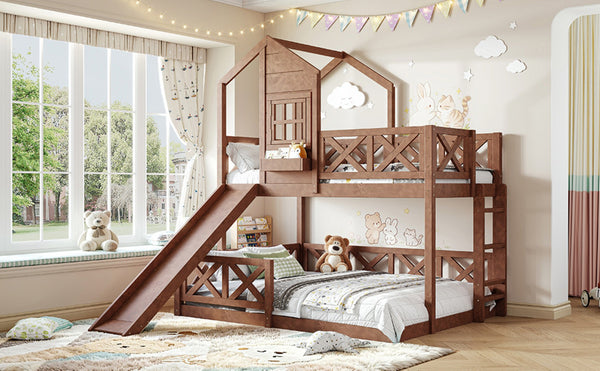 English Elm Twin Over Full Playhouse Bunk Bed Pine Wood Frame with Slide and Cottage Guardrail Natural W5316S00077