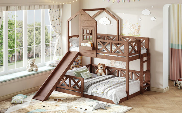 English Elm Twin Over Full Playhouse Bunk Bed Pine Wood Frame with Slide and Cottage Guardrail Natural W5316S00077