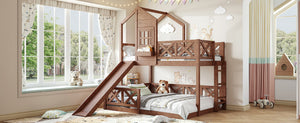 English Elm Twin Over Full Playhouse Bunk Bed Pine Wood Frame with Slide and Cottage Guardrail Natural W5316S00077