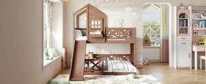 English Elm Twin Over Full Playhouse Bunk Bed Pine Wood Frame with Slide and Cottage Guardrail Natural W5316S00077