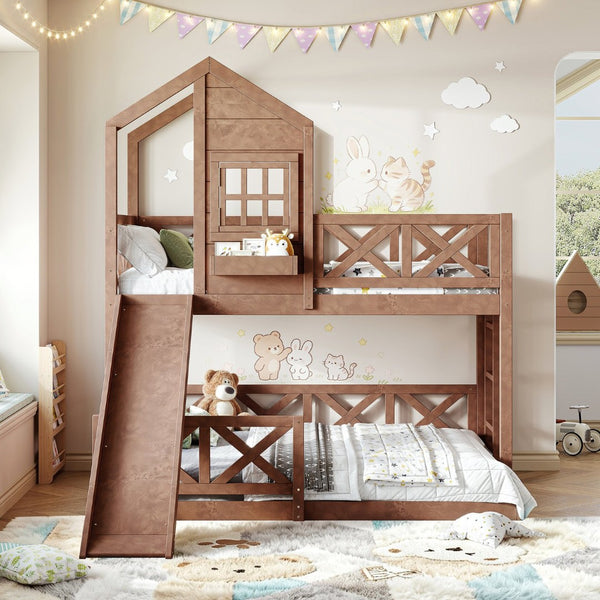 English Elm Twin Over Full Playhouse Bunk Bed Pine Wood Frame with Slide and Cottage Guardrail Natural W5316S00077