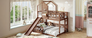 English Elm Twin Over Full Playhouse Bunk Bed Pine Wood Frame with Slide and Cottage Guardrail Natural W5316S00077