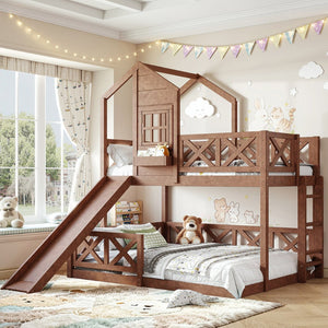 English Elm Twin Over Full Playhouse Bunk Bed Pine Wood Frame with Slide and Cottage Guardrail Natural W5316S00077