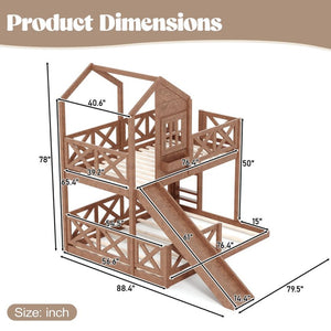English Elm Twin Over Full Playhouse Bunk Bed Pine Wood Frame with Slide and Cottage Guardrail Natural W5316S00077