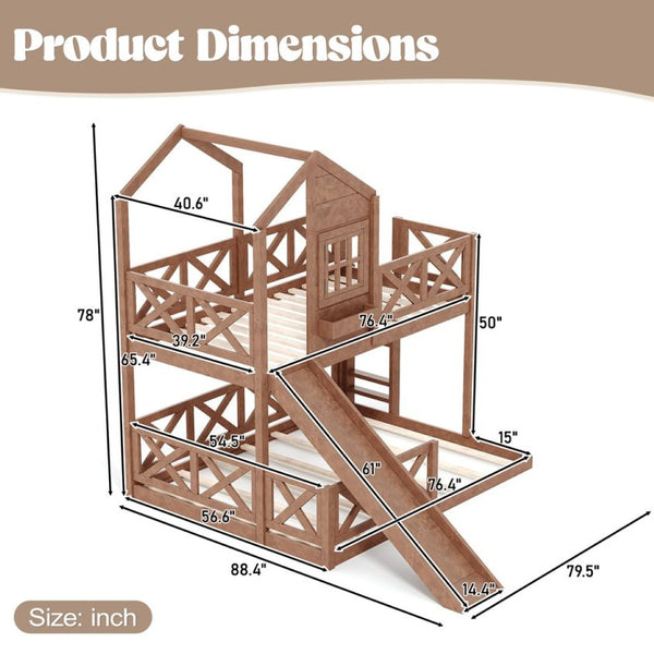 English Elm Twin Over Full Playhouse Bunk Bed Pine Wood Frame with Slide and Cottage Guardrail Natural W5316S00077