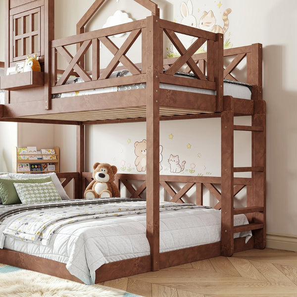 English Elm Twin Over Full Playhouse Bunk Bed Pine Wood Frame with Slide and Cottage Guardrail Natural W5316S00077