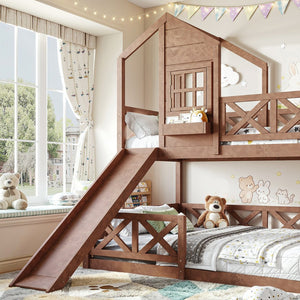 English Elm Twin Over Full Playhouse Bunk Bed Pine Wood Frame with Slide and Cottage Guardrail Natural W5316S00077